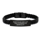 Funny Counselor Gifts from Men to Women - Christmas Unique Inspirational Bracelets for Counselor Friends Coworkers Family - Interlaced Leather Bracelet with Stainless Steel and PU Leather