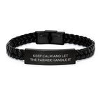 Funny Farmer Gifts, Interlaced Leather Bracelet, 'Keep Calm And Let The Farmer Handle It' Quote, Christmas Unique Gifts for Men, Women, Friends, Family