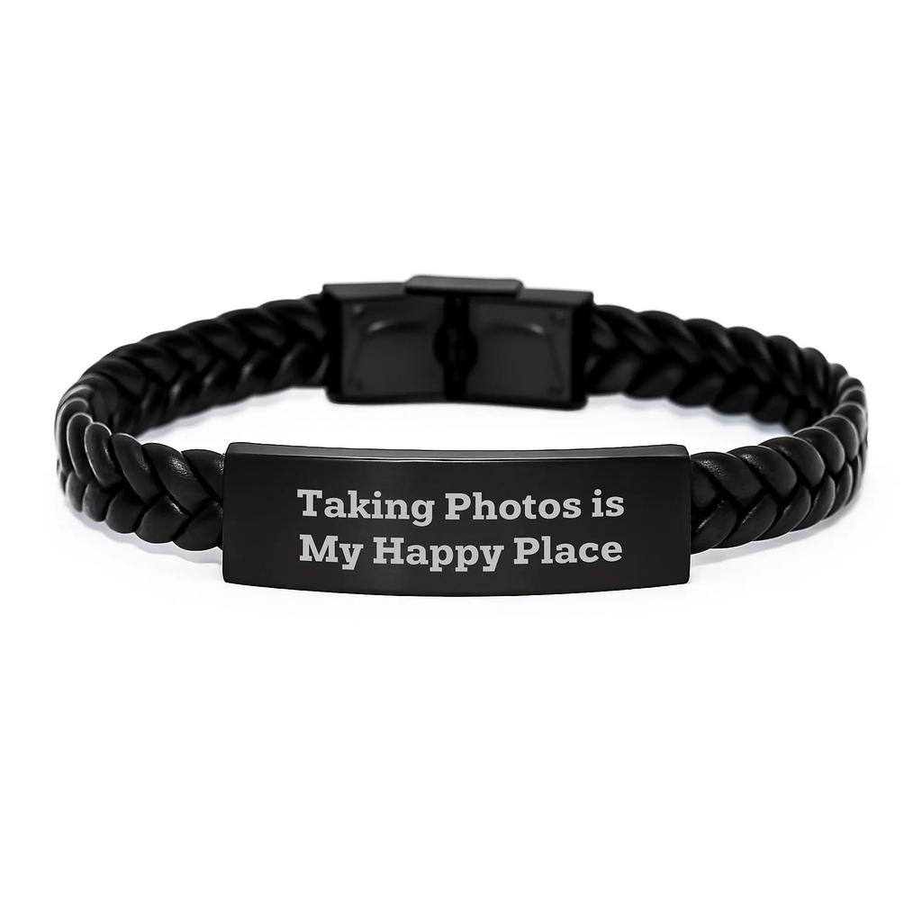 Taking Photos Is My Happy Place, Birthday Unique Gift for Taking Photos Enthusiasts, Interlaced Leather Bracelet - Image 1