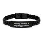 Taking Photos Is My Happy Place, Birthday Unique Gift for Taking Photos Enthusiasts, Interlaced Leather Bracelet - Image 1