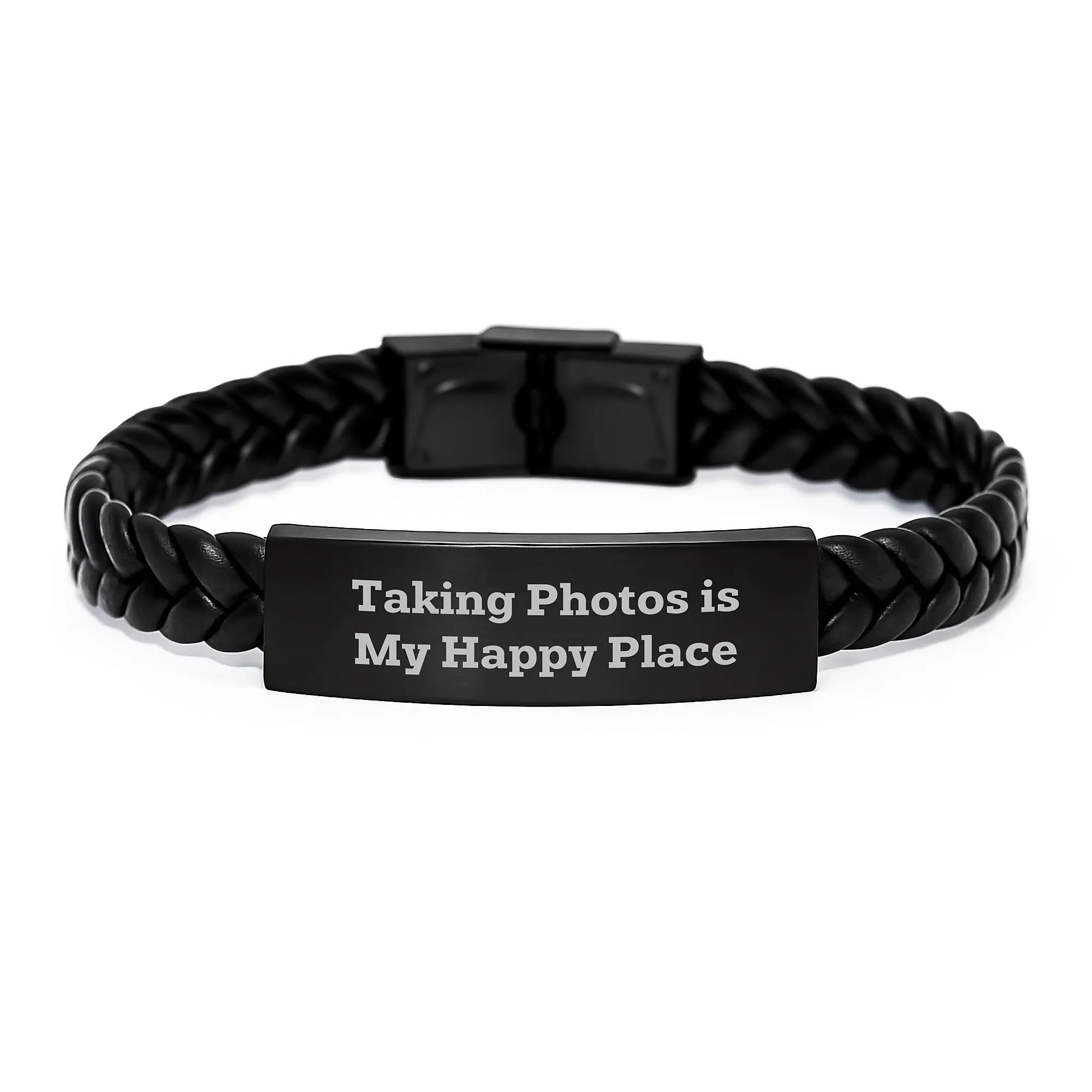 Taking Photos Is My Happy Place, Birthday Unique Gift for Taking Photos Enthusiasts, Interlaced Leather Bracelet - Image 1