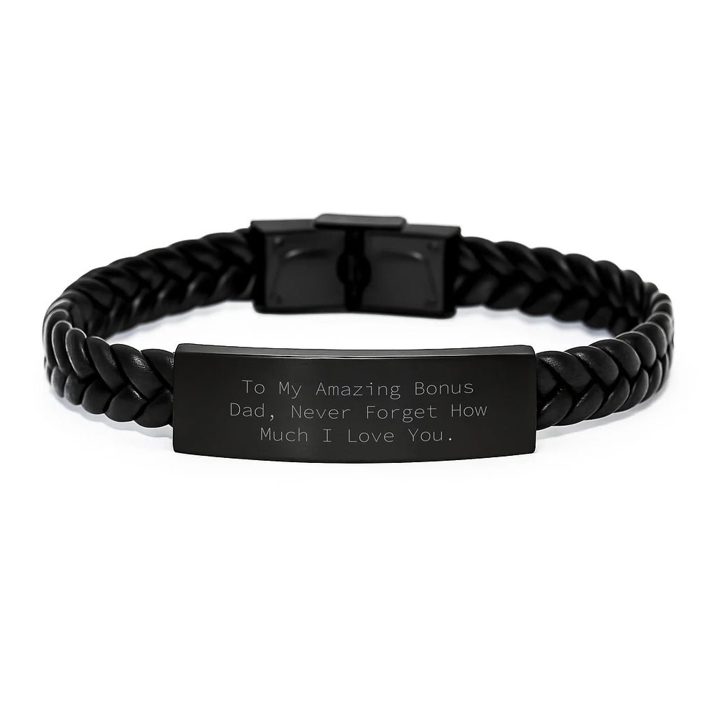 Unique Gifts from Son, Daughter, or Family, Bonus Dad, Never Forget How Much I Love You. Interlaced Leather Bracelet for Men, Funny Bonus Dad Gift for Christmas
