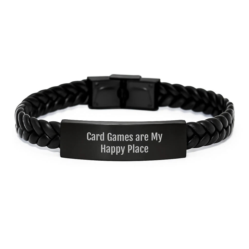Gifts from Family and Friends for Card Games Enthusiasts, Inspirational Interlaced Leather Bracelet for Graduation Unique Gifts, Card Games Are My Happy Place Quote - Image 1