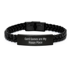 Gifts from Family and Friends for Card Games Enthusiasts, Inspirational Interlaced Leather Bracelet for Graduation Unique Gifts, Card Games Are My Happy Place Quote - Image 1