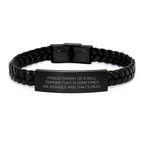 Proud Parent Bull Terrier Dog Graduation Unique Gifts for Him, Funny Interlaced Leather Bracelet, Engraved Stainless Steel - Image 1