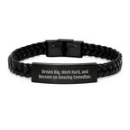 Funny Comedian Gifts from Friends for Birthday - Interlaced Leather Bracelet with Inspirational Quote 'Dream Big, Work Hard, And Become An Amazing Comedian.'
