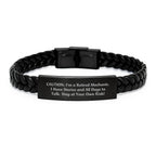 Funny Mechanic Gifts, Interlaced Leather Braces for Mechanic Graduation from Friends to Men, 'Caution: I'm A Retired Mechanic...' - 7.87' Length