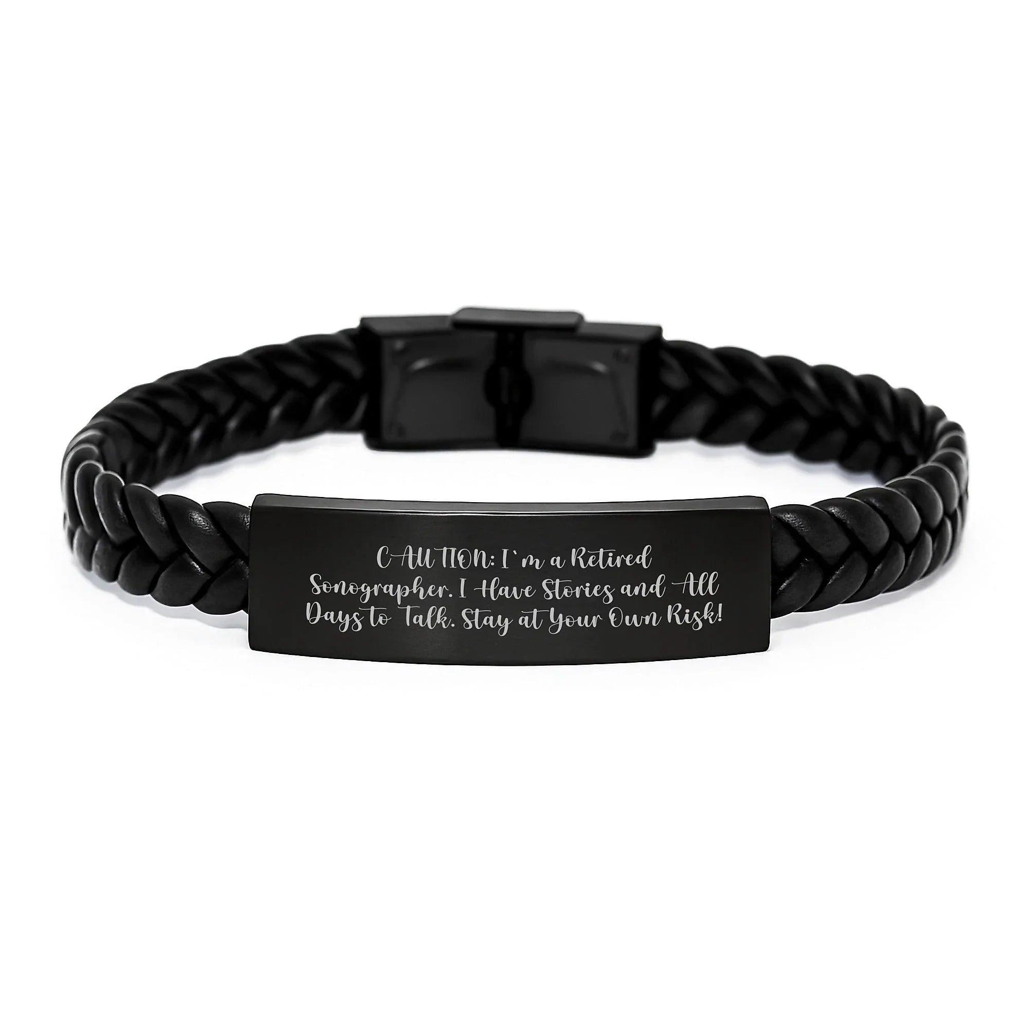 Funny Sonographer Gifts - Interlaced Leather Birthday Wishes from Friends and Family - 'Caution: I'm A Retired Sonographer...'