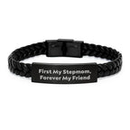 Funny Stepmom Gifts from Men for Stepmom, Interlaced Leather Bracelet with Quote First My Stepmom Forever My Friend - Unique Christmas Memorable Presents