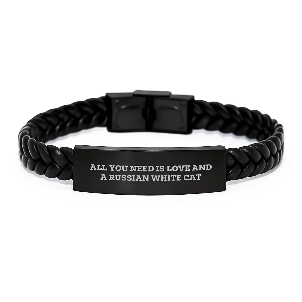Russian White Cat Lover Gifts for Men and Women, Funny Interlaced Leather Bracelet, Inspirational Quote, Graduation Unique Gifts, Gifts from Friends and Family - Image 1