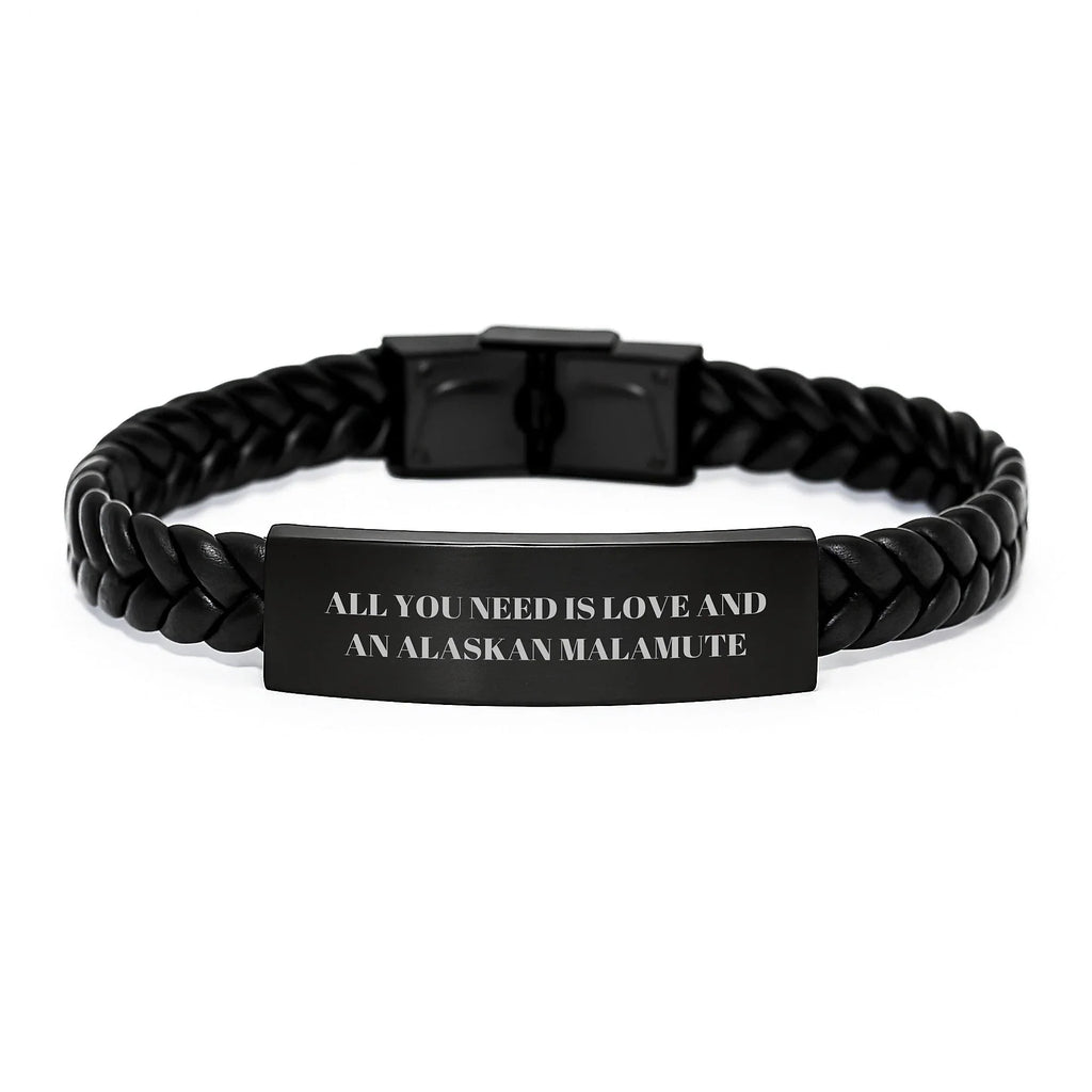 Alaskan Malamute Love Quote Leather Bracelet - Engraved Stainless Steel Plate Keeps All You Need Is Love Legible