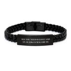 Alaskan Malamute Love Quote Leather Bracelet - Engraved Stainless Steel Plate Keeps All You Need Is Love Legible