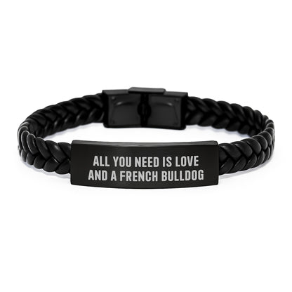 French Bulldog Love Gifts from Friends - Interlaced Leather Birthday Present for French Bulldog Lovers, 'All You Need Is Love And A French Bulldog' Quote - Image 1