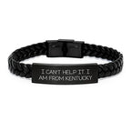 Funny Kentucky Gifts for Men - Unique Interlaced Leather Bracelet with Engraved Stainless Steel, 'I Can't Help It. I Am From Kentucky' Quote, Christmas Unique Gifts from Friends to Family