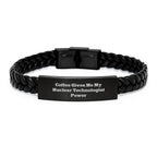 Funny Nuclear Technologist Gifts from Friends - 'Coffee Gives Me My Nuclear Technologist Power' Interlaced Leather Bracelet for Men Christmas Unique Gifts