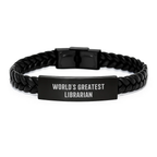 Funny Librarian Quotes Interlaced Leather Bracelet Gift for Librarian Mom World's Greatest Librarian Stainless Steel PU Leather Bracelet from Family - Image 1