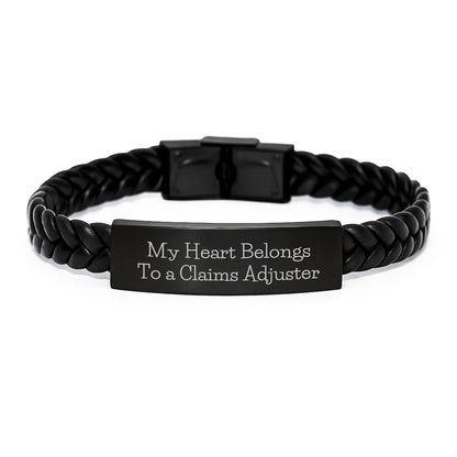 Funny Claims Adjuster Gifts from Friends, My Heart Belongs To A Claims Adjuster Interlaced Leather Bracelet for Graduation, Perfect for Claims Adjuster Lovers, Gifts for Men, Women, Family - Image 1