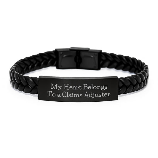Funny Claims Adjuster Gifts from Friends, My Heart Belongs To A Claims Adjuster Interlaced Leather Bracelet for Graduation, Perfect for Claims Adjuster Lovers, Gifts for Men, Women, Family - Image 1