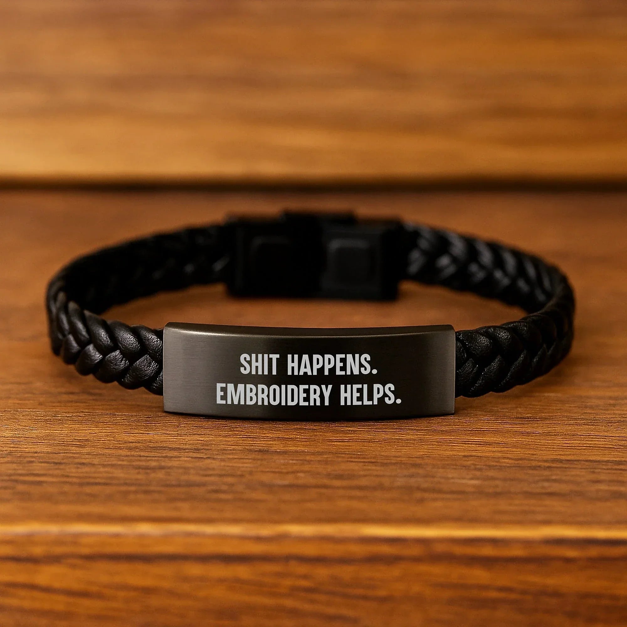 Funny Embroidery Quote Interlaced Leather Braclet, Gifts for Men, Women, Friends, Coworkers, Family - Shit Happens. Embroidery Helps. for Graduation