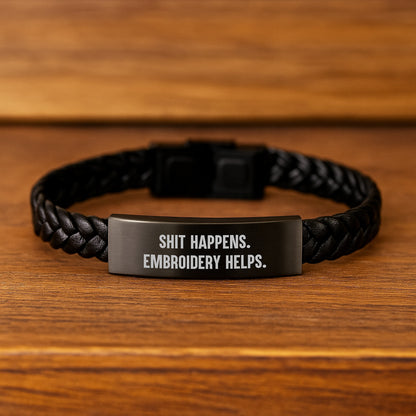 Funny Embroidery Quote Interlaced Leather Braclet, Gifts for Men, Women, Friends, Coworkers, Family - Shit Happens. Embroidery Helps. for Graduation - Image 2