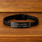 Funny Secretary Gifts Interlaced Leather Bracelet for Secretary Men, Women, Coworkers, Family - 'Retired Secretary. Figure It Out Yourself.' Stainless Steel PU Leather