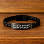 Roofer Gifts from Men, Funny Interlaced Leather Bracelet for Roofer By Day, Ninja By Night, Graduation Unique Gifts for Him
