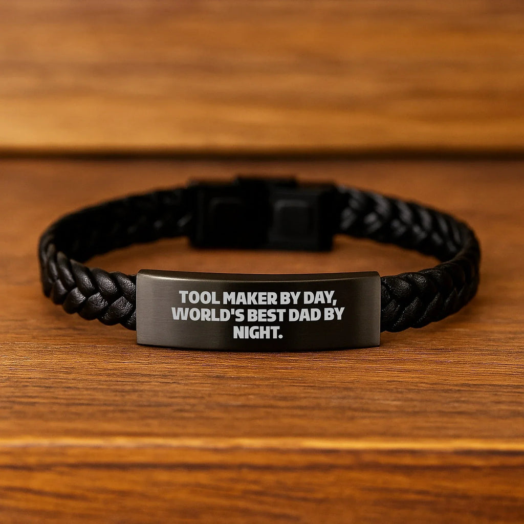 Funny Tool Maker Gifts for Husband from Dad, Interlaced Leather Bracelet, Stainless Steel and PU Leather, Tool Maker By Day, World's Best Dad By Night, Christmas Unique Gifts