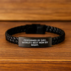 Performer Gifts by Day, Mom by Night, Interlaced Leather Graduation Wristband, Funny Quote, Unique Gifts from Mom to Performer, for Women, Friends, Family