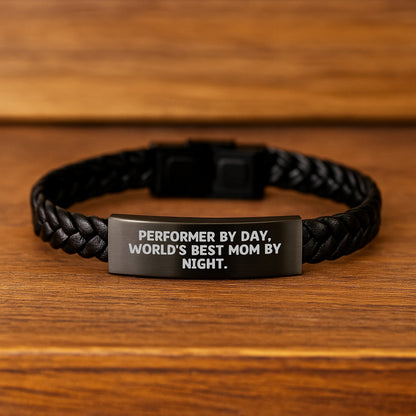 Performer Gifts by Day, Mom by Night, Interlaced Leather Graduation Wristband, Funny Quote, Unique Gifts from Mom to Performer, for Women, Friends, Family - Image 2