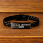 Funny Embroidery Interlaced Leather Bracelet Gifts for Friends, Funny Eat. Sleep. Embroidery. Repeat. Christmas Unique Gifts for Men, Leather Embroidery Bracelet with Stainless Steel