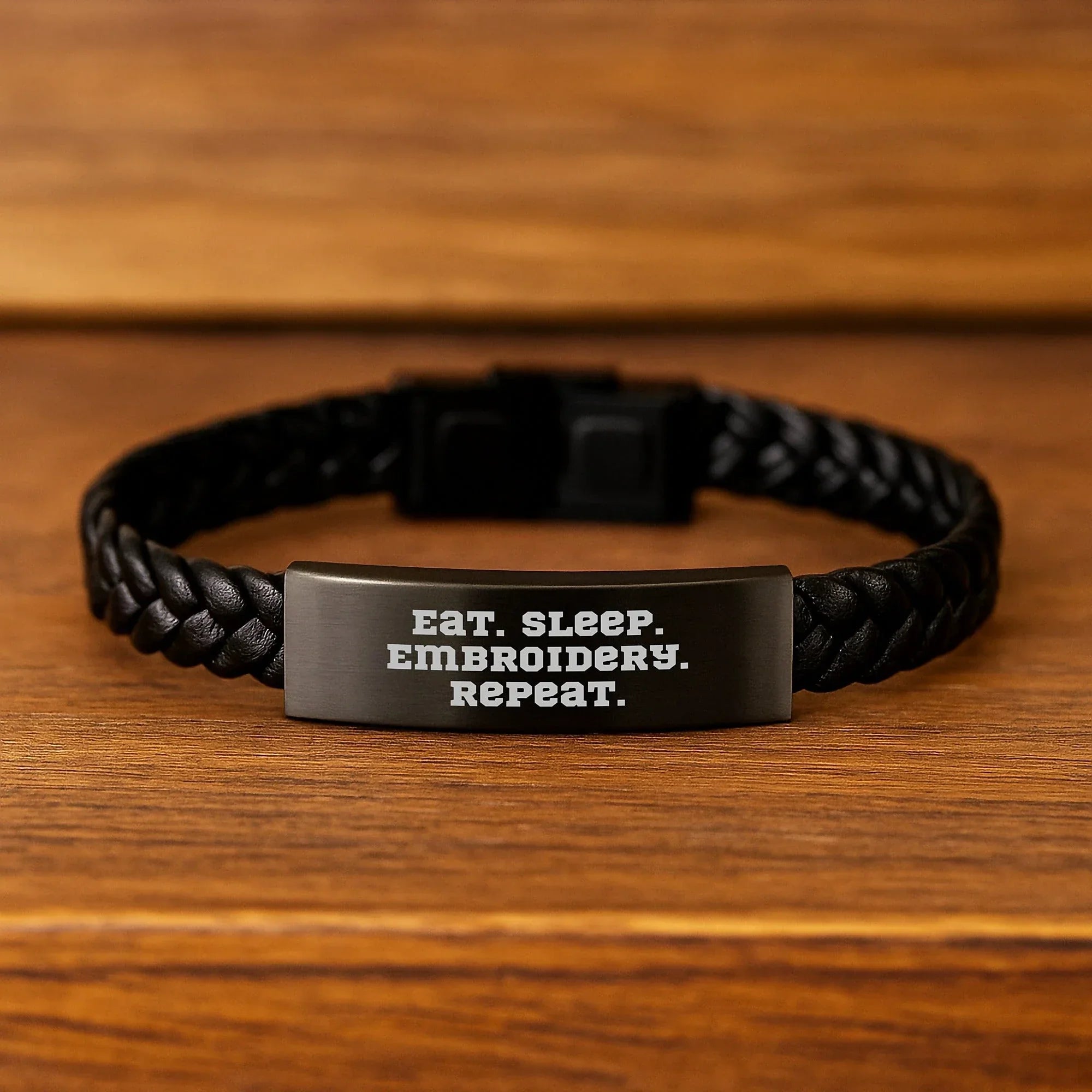 Funny Embroidery Gifts for Men and Women, Interlaced Leather Bracelet with Eat Sleep Embroidery Repeat Quote, Christmas Unique Gifts from Friends to Family
