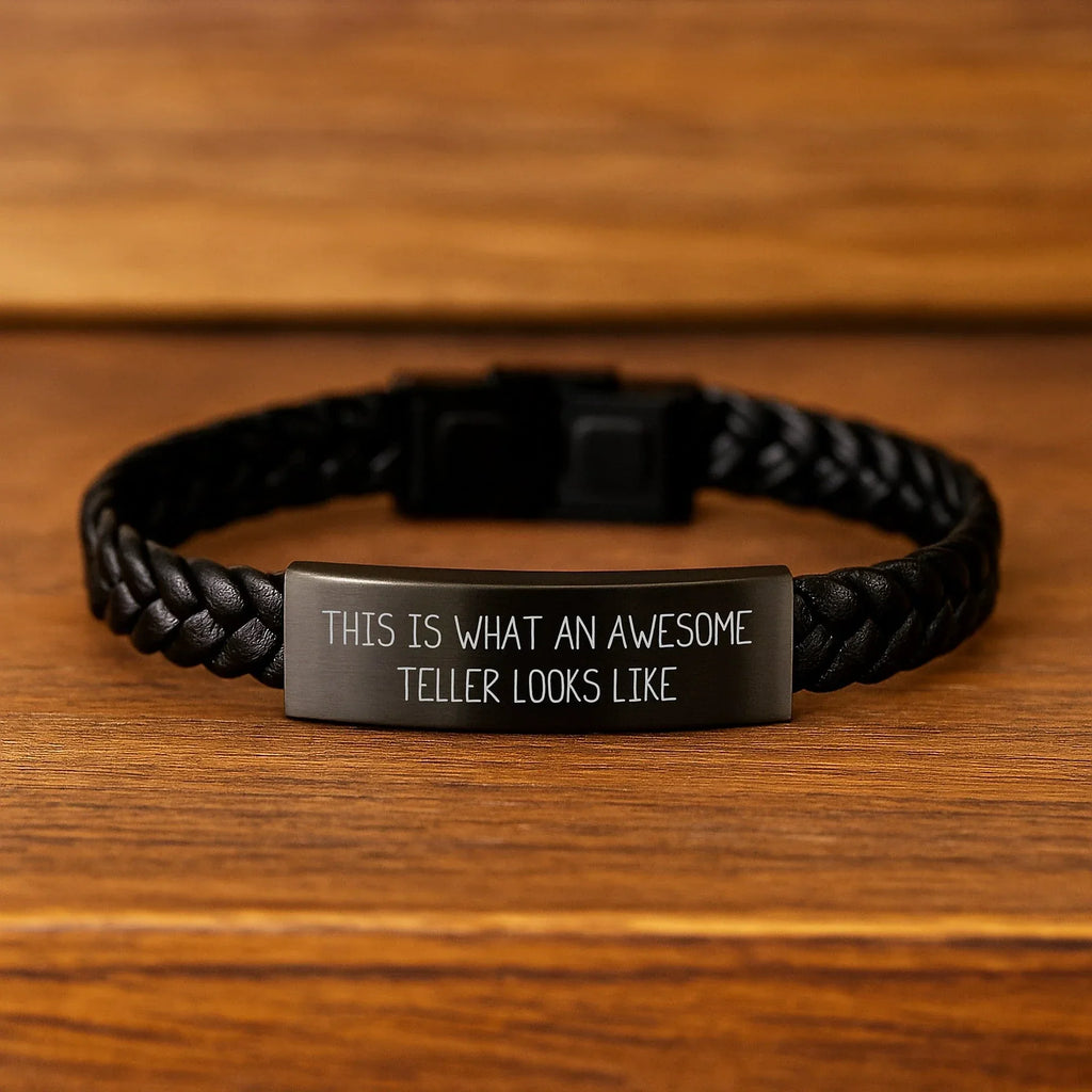 Funny Teller Gifts for Him, Interlaced Leather Bracelet with Quote 'This Is What An Awesome Teller Looks Like', Perfect Valentine's Unique Gifts from Sweetheart to Teller