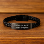 Funny Firefighter Gifts for Men, Unique Interlaced Leather Bracelet, 'Officially The World's Coolest Firefighter', Christmas Unique Gifts from Friends or Family