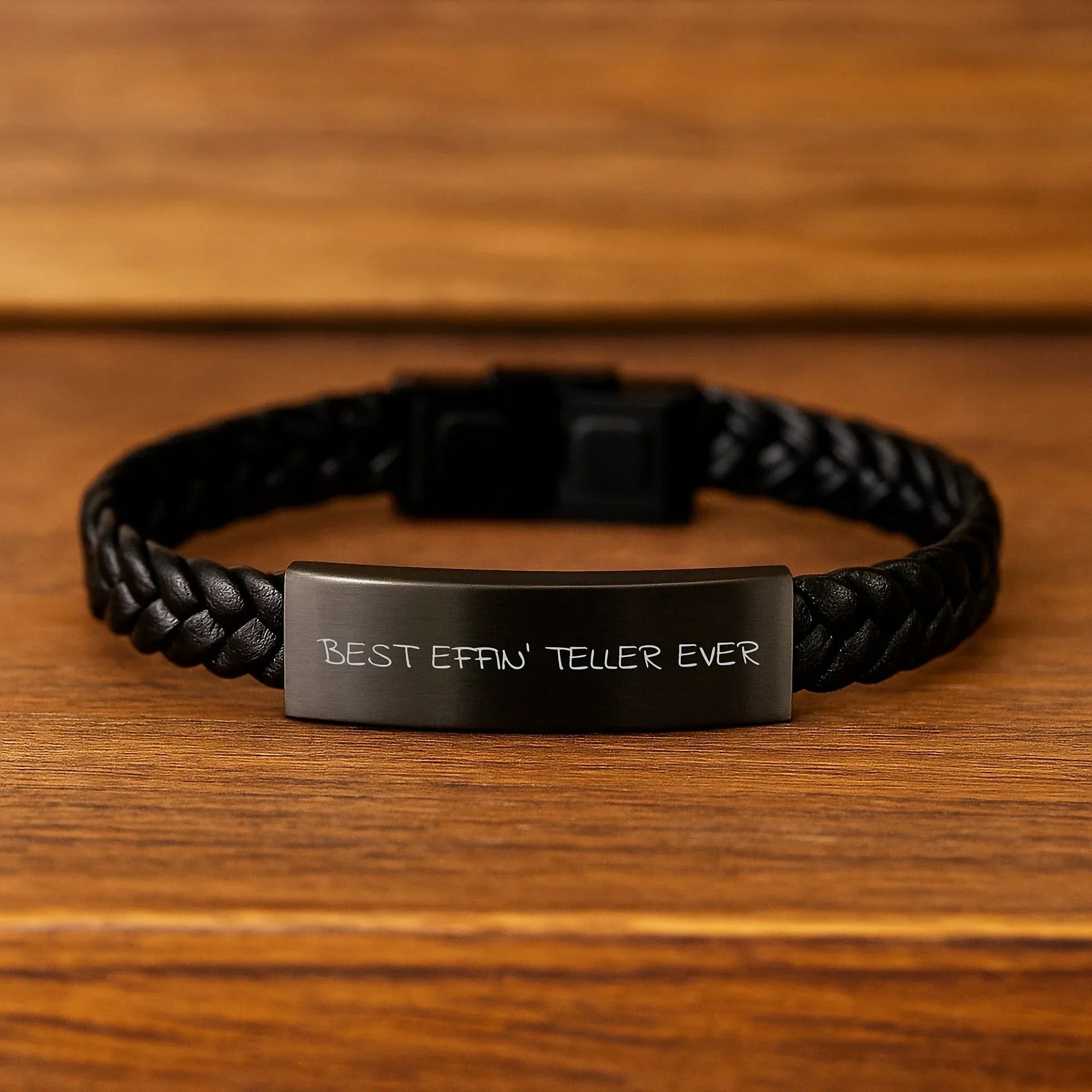 Funny Teller Gifts, Best Effin' Teller Ever Interlaced Leather Bracelet for Men Friends Family, Stainless Steel PU Leather, Christmas Unique Gifts from Husband to Son