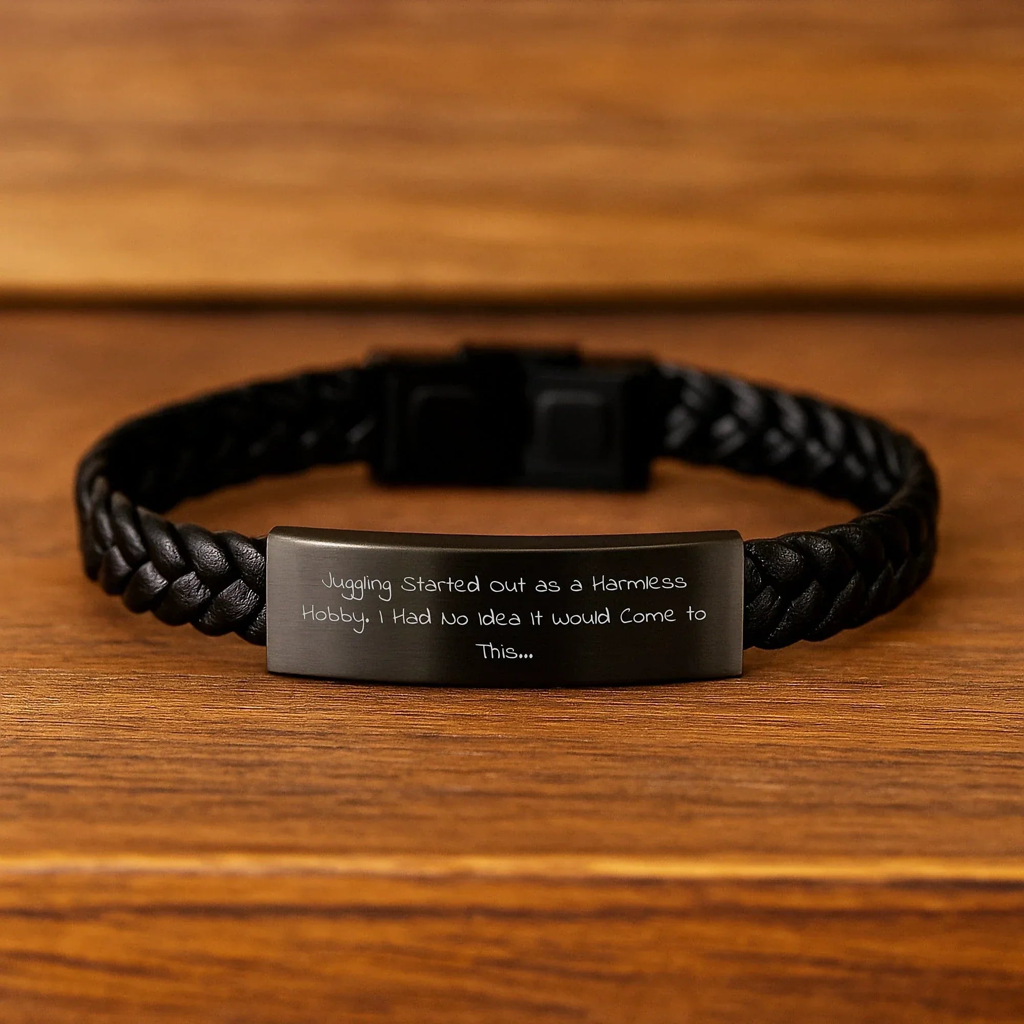 Juggling Enthusiasts' Humorous Gift, Interlaced Leather Bracelet for Men, from Friends, 'Juggling Started Out As A Harmless Hobby...'