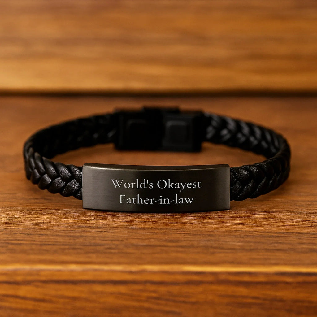 Funny Father-in-law Gifts, Unique Interlaced Leather Bracelet for Men, World's Okayest Dad, Gifts from Family, Christmas Unique Gifts