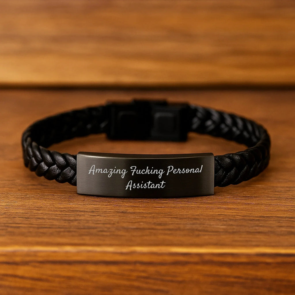Funny Personal Assistant Gifts - 'Amazing F--king Personal Assistant' Interlaced Leather Bracelet for Men or Women, Birthday Unique Gifts from Friends, Coworkers, or Family