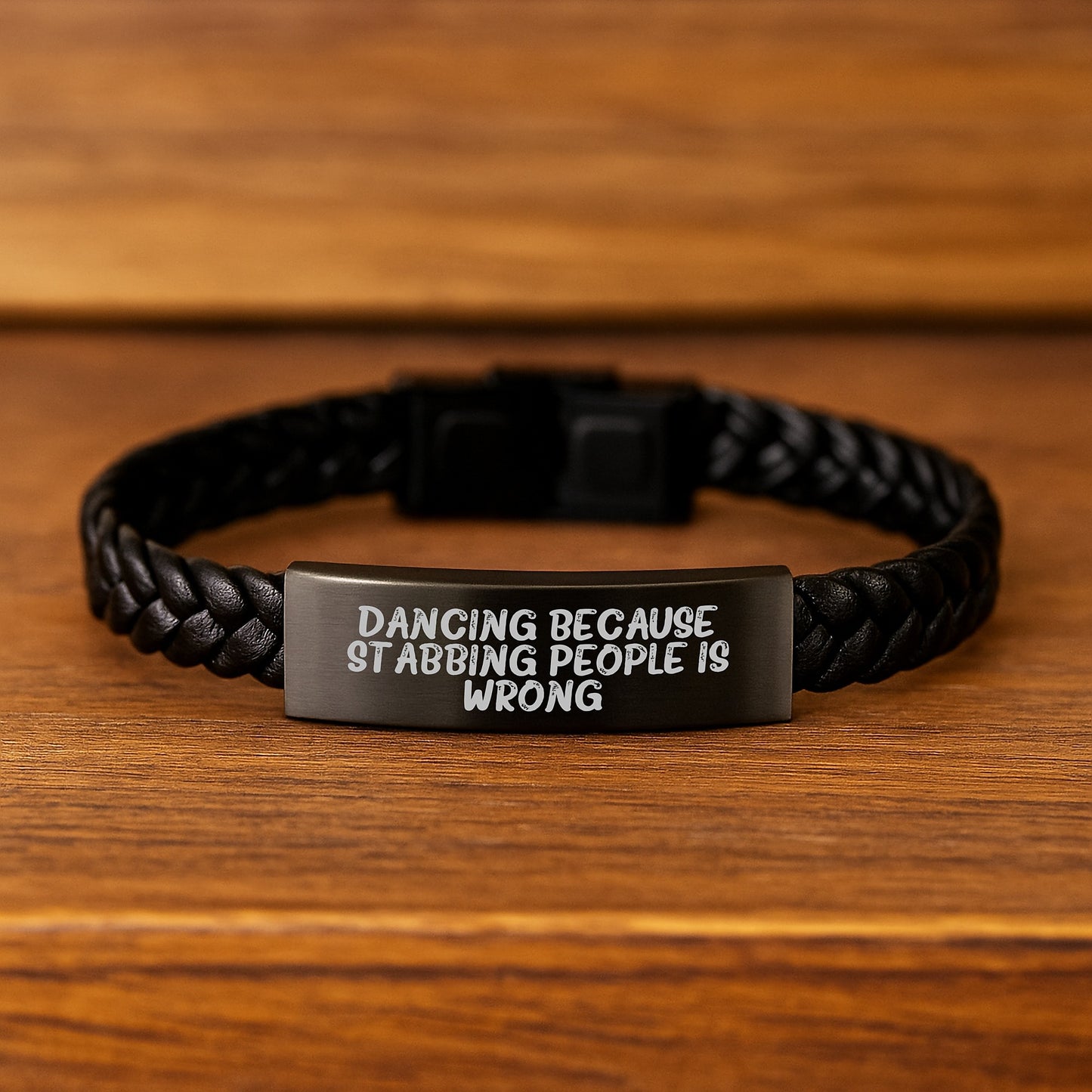 Funny Dance Gifts for Friends - Interlaced Leather Stainless Steel Birthday Present from Men to Women, 'Dancing Because Stabbing People Is Wrong.' Quote - Image 2