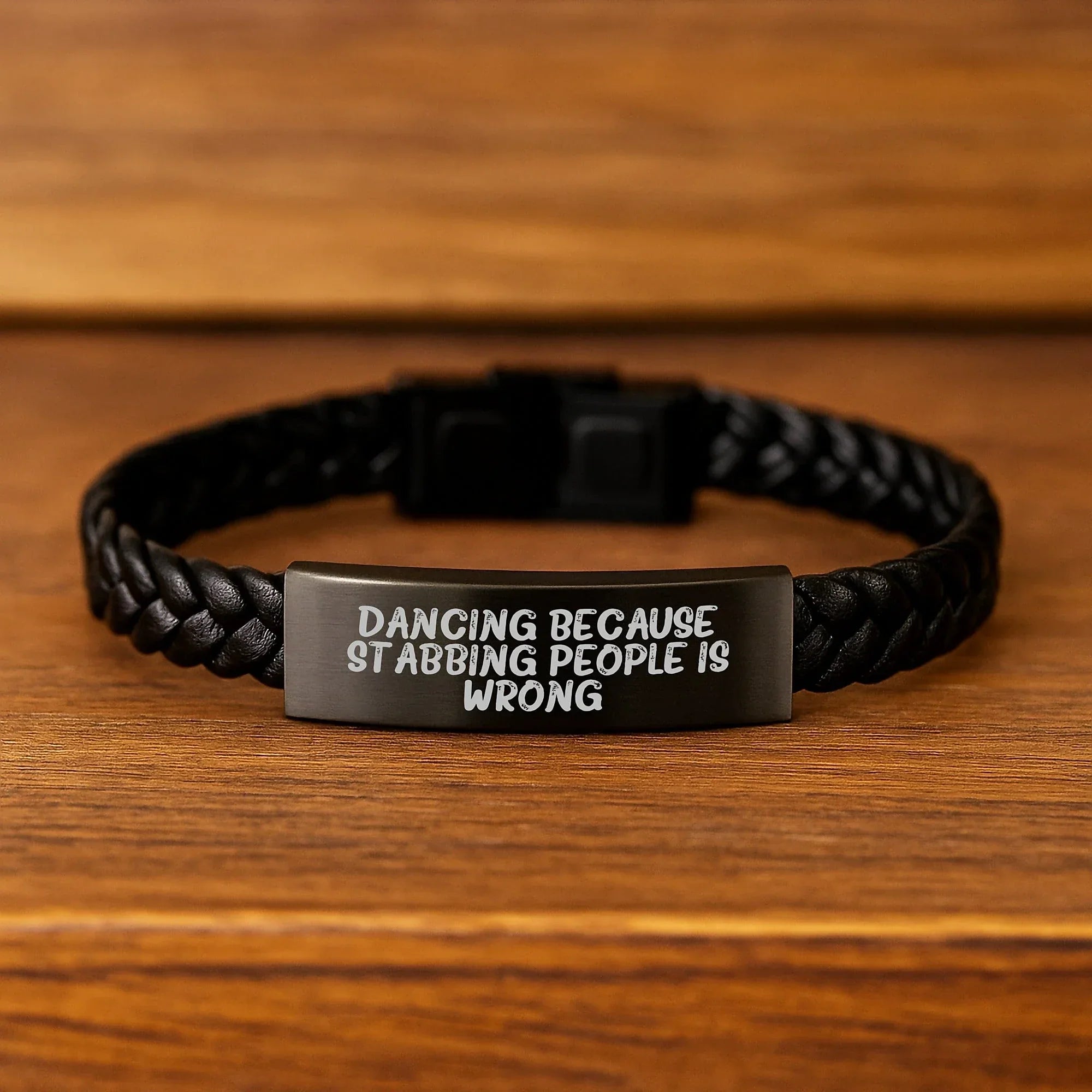 Funny Dance Gifts for Friends - Interlaced Leather Stainless Steel Birthday Present from Men to Women, 'Dancing Because Stabbing People Is Wrong.' Quote