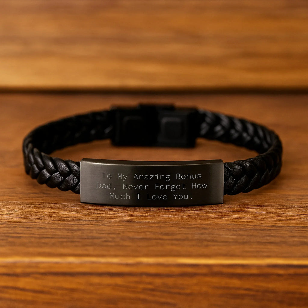 Unique Gifts from Son, Daughter, or Family, Bonus Dad, Never Forget How Much I Love You. Interlaced Leather Bracelet for Men, Funny Bonus Dad Gift for Christmas