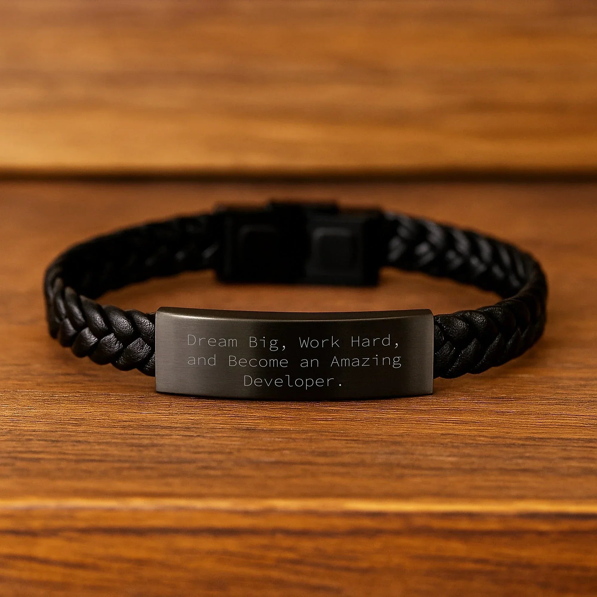 Inspirational Developer Gifts, Interlaced Leather Bracelet, Unique Christmas Memorable Presents for Men or Women from Friends, Coworkers, Family, Dreams Big, Work Hard.