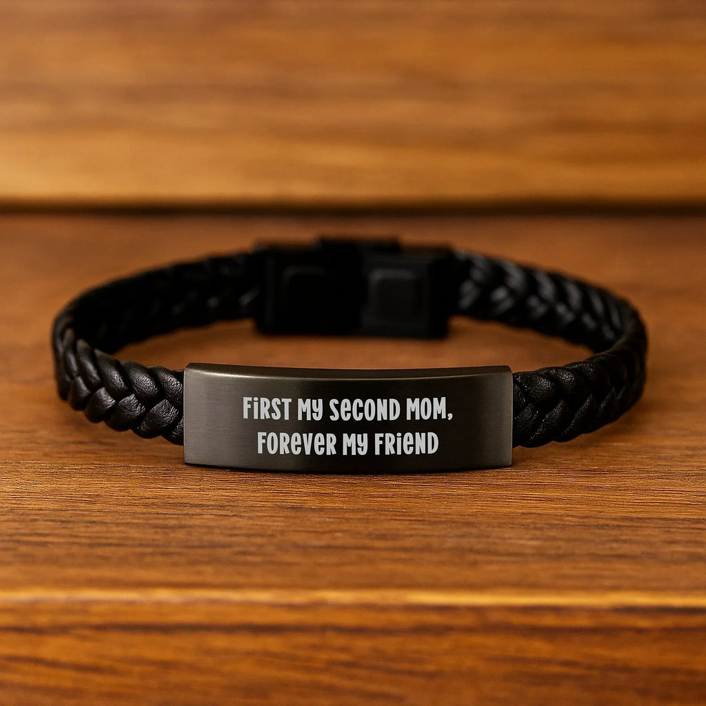 Unique Second Mom Gifts from Men, Women, Friends, Coworkers, Family for Second Mom, Christmas Unique Gifts, Interlaced Leather Bracelet with Funny Quote 'First My Second Mom, Forever My Friend'