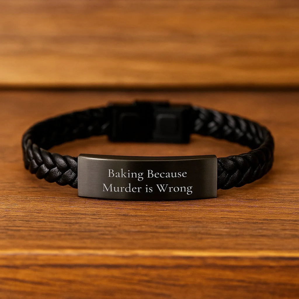 Funny Baking Leather Bracelet Gifts from Friends for Christmas, Unique Interlaced Leather Bracelet, Baking Inspiration for Men and Women, Quote: 'Baking Because Murder Is Wrong'