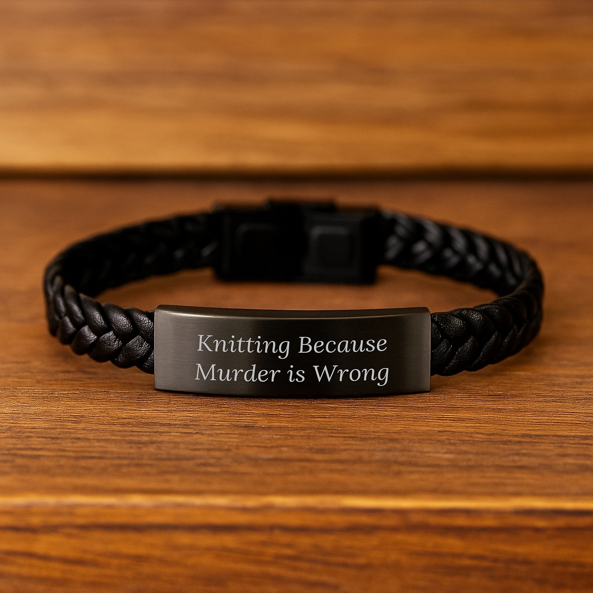 Handmade Interlaced Leather Knitting Bracelet, Funny Knitting Gifts for Men, Women, Friends, and Family, Stainless Steel and PU Leather Combination, 'Knitting Because Murder Is Wrong' - Image 2