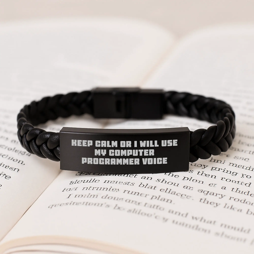 Funny Computer Programmer Birthday Unique Gifts from Friends for Men - Interlaced Leather Bracelet, 'Keep Calm Or I Will Use My Computer Programmer Voice' Quote - Image 3