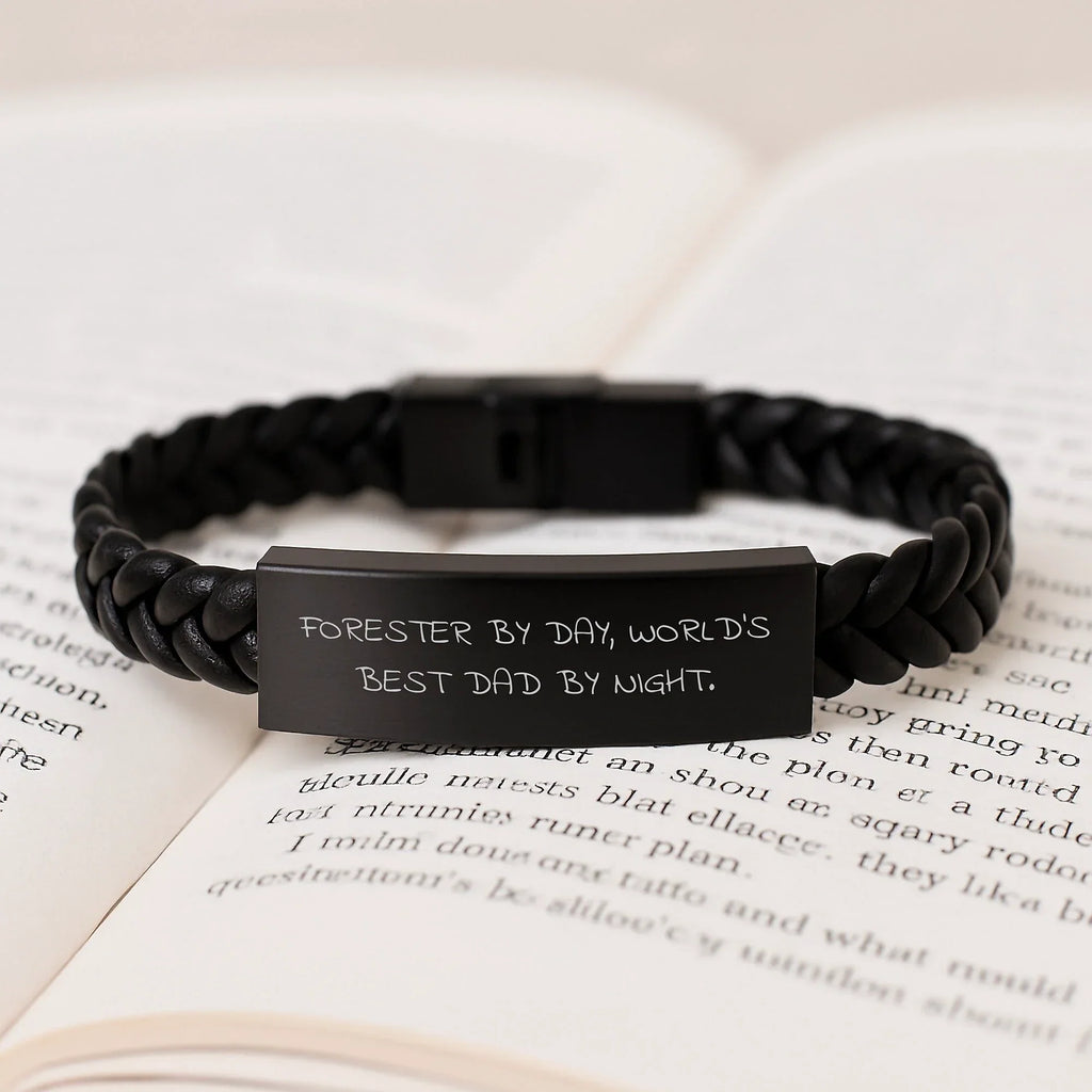 Gifts from Men, Funny 'Forester By Day, World's Best Dad By Night' Interlaced Leather Bracelet for Forester Christmas Unique Gifts