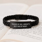 Funny Trainer Gifts for Men - Interlaced Leather Bracelet with Engraved Stainless Steel, Perfect for Trainers by Day, World's Best Dad by Night, Christmas Unique Gifts from Family