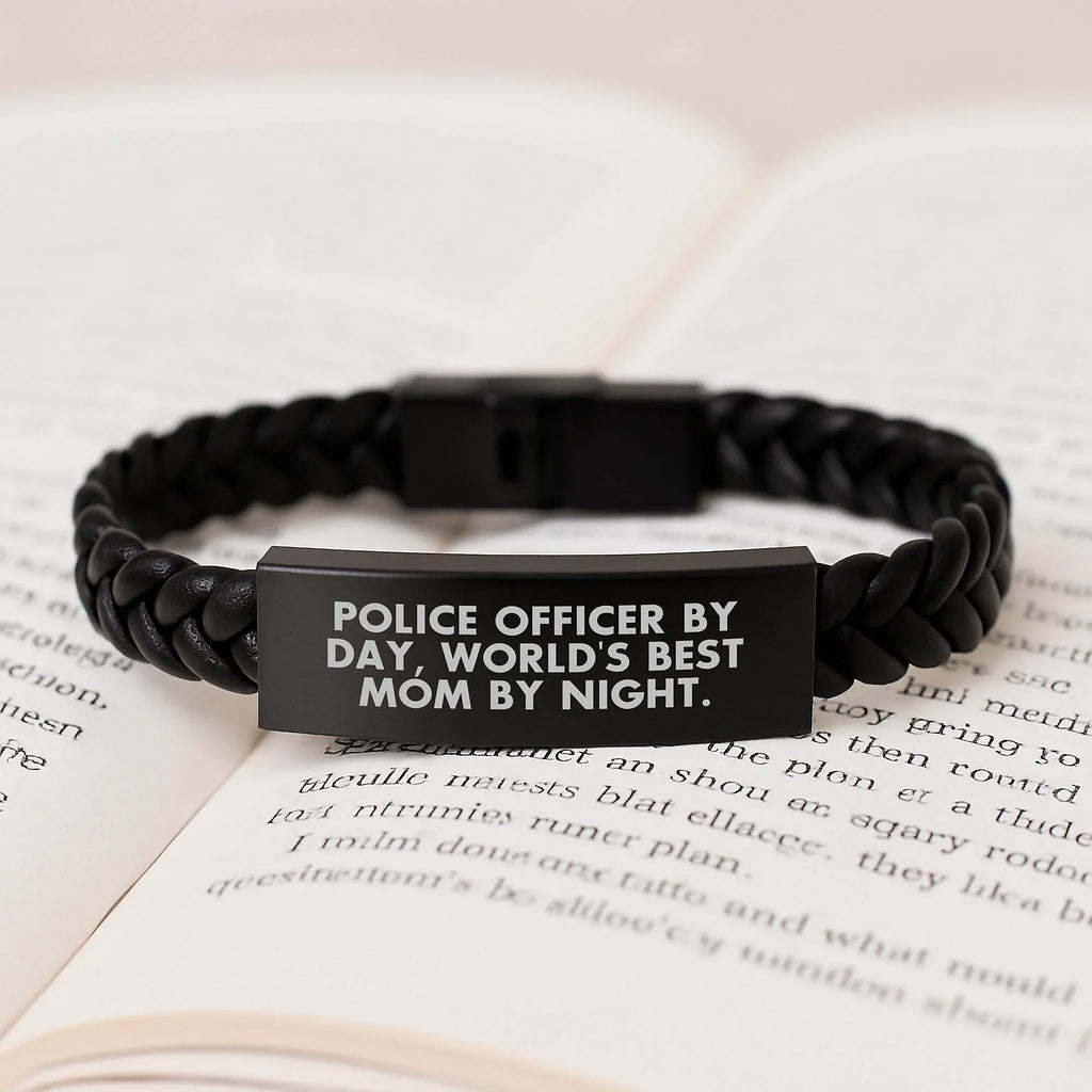 Police Officer Gifts - Funny Quote Leather Bracelet, Gifts from Friends and Family for Graduation, 'Police Officer By Day, World's Best Mom By Night.'