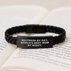 Waitress By Day, World's Best Mom By Night Funny Quote Interlaced Leather Bracelet Gifts for Waitress from Friends, Christmas Unique Gifts for Her, Men's Women's Accessories