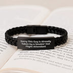 Funny Flight Attendant Gifts for Men, Interlaced Leather Bracelet with Stainless Steel, Sorry This Guy Is Already Taken By A Smokin' Hot Flight Attendant
